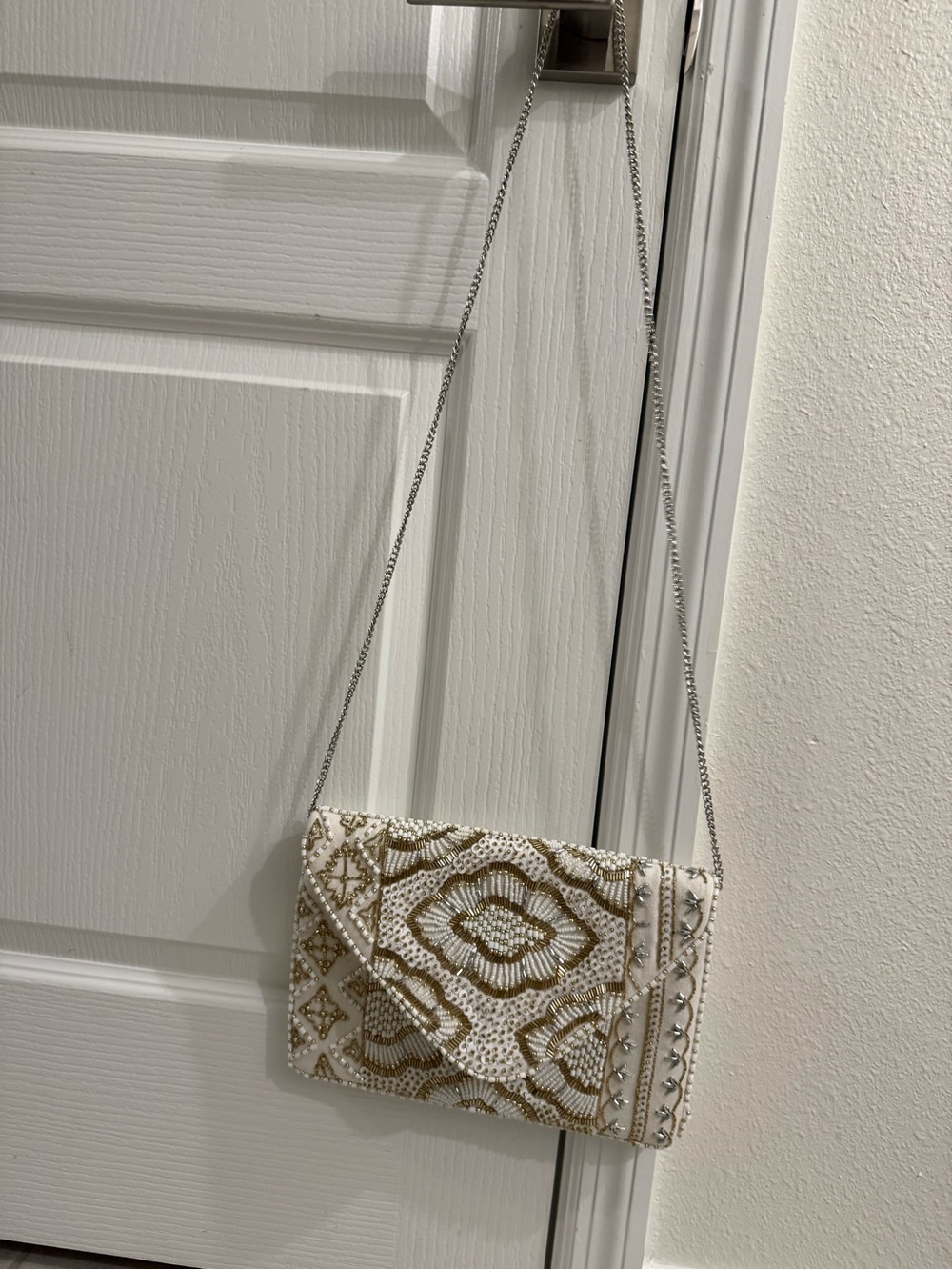 Embellished White & Gold Beaded Crossbody Clutch